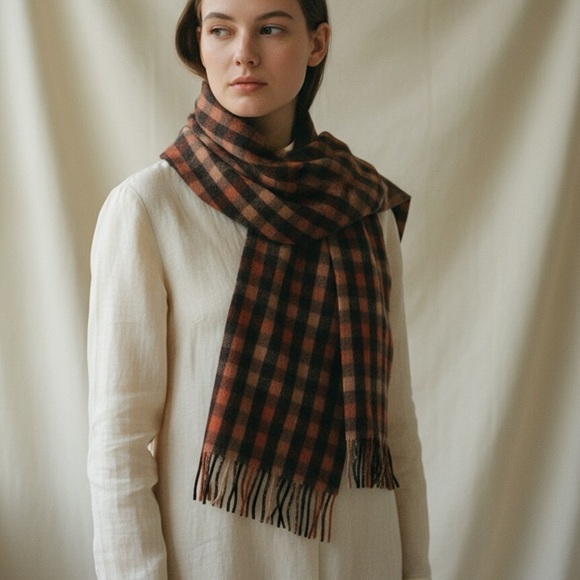 Ports International Virgin Wool Plaid Scarf Brown Orange Fringe Vintage 53” - Picture 2 of 5